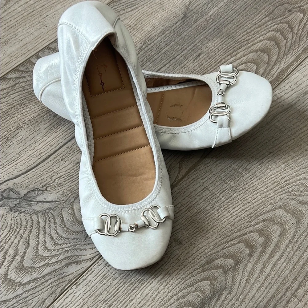 White Leather Ballet Flats with Silver Accents - Picture 2 of 2